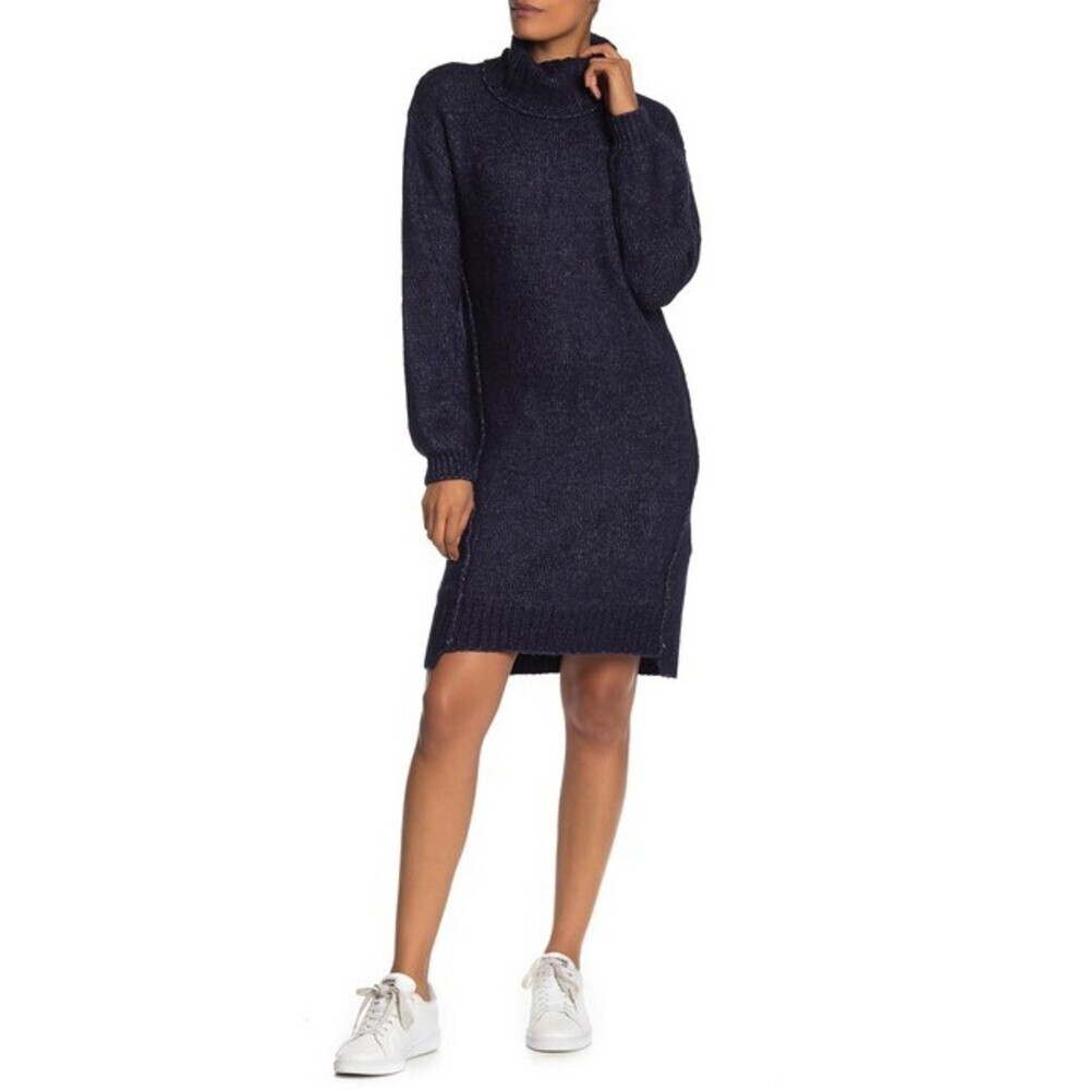 Solutions Turtleneck Balloon Sleeve Dress In Navy Blue Size L $169